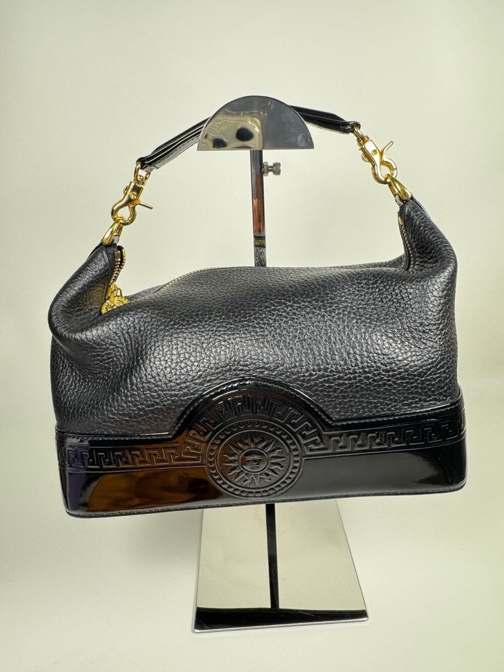 Vtg Gianni Versace Sunburst Caviar Patent Leather Top Handle Bag Black Medusa
